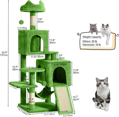 54in Cat Tree Tower Condo, Multi-Level with Sisal Scratching Post, Cat Condos, Plush Top Perches, Hammock, Space Saving Cat Condo, Dangling Ball, Pet Play House,Pet Gift, Green