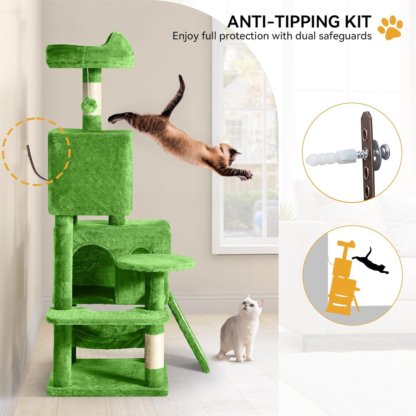 54in Cat Tree Tower Condo, Multi-Level with Sisal Scratching Post, Cat Condos, Plush Top Perches, Hammock, Space Saving Cat Condo, Dangling Ball, Pet Play House,Pet Gift, Green