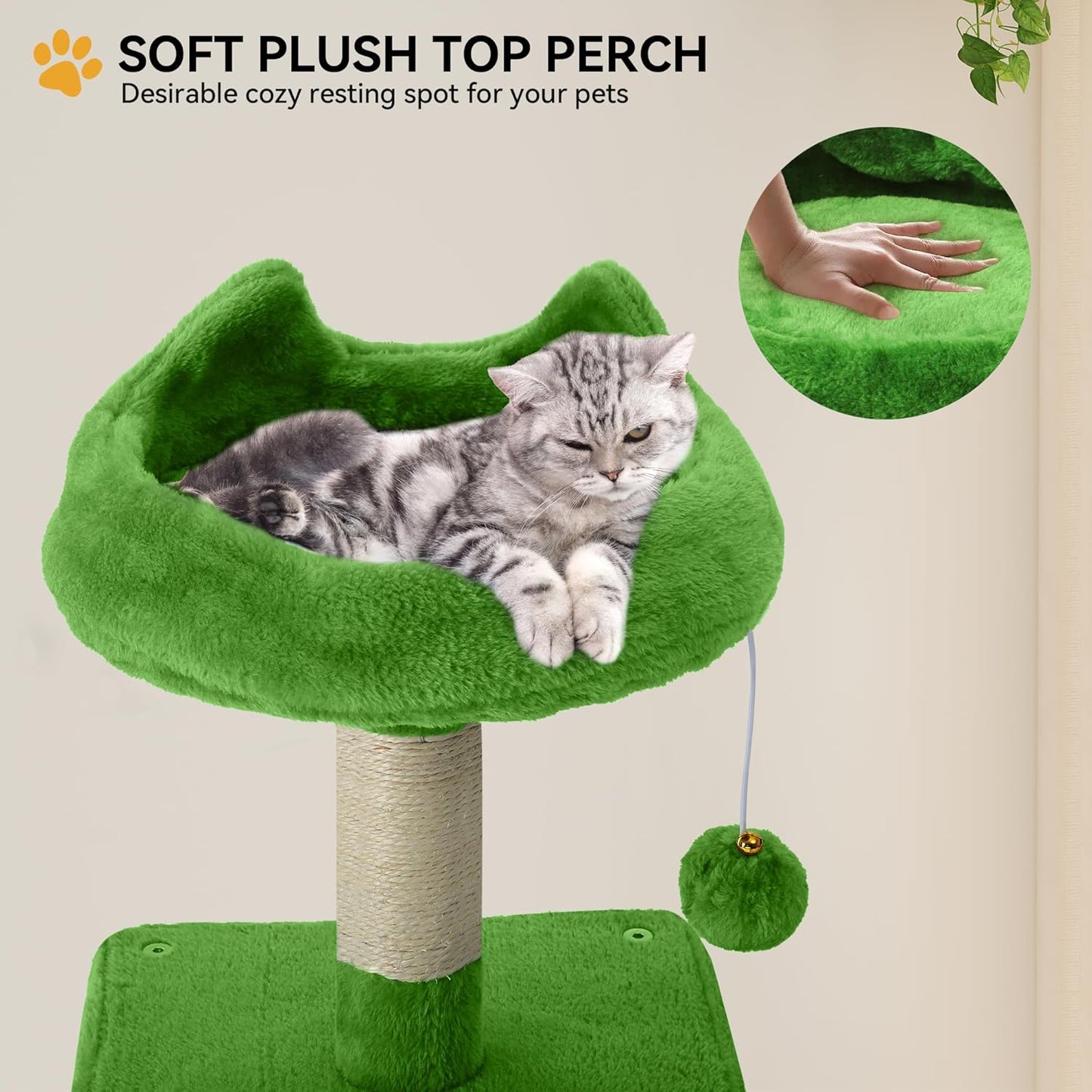 54in Cat Tree Tower Condo, Multi-Level with Sisal Scratching Post, Cat Condos, Plush Top Perches, Hammock, Space Saving Cat Condo, Dangling Ball, Pet Play House,Pet Gift, Green