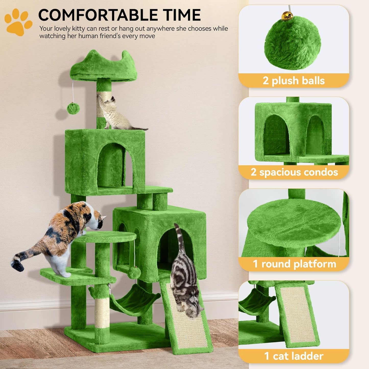 54in Cat Tree Tower Condo, Multi-Level with Sisal Scratching Post, Cat Condos, Plush Top Perches, Hammock, Space Saving Cat Condo, Dangling Ball, Pet Play House,Pet Gift, Green
