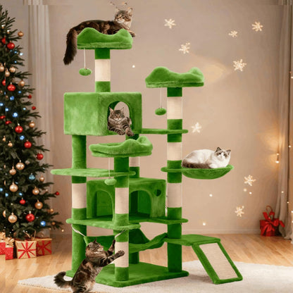 54in Cat Tree Tower Condo, Multi-Level with Sisal Scratching Post, Cat Condos, Plush Top Perches, Hammock, Space Saving Cat Condo, Dangling Ball, Pet Play House,Pet Gift, Green