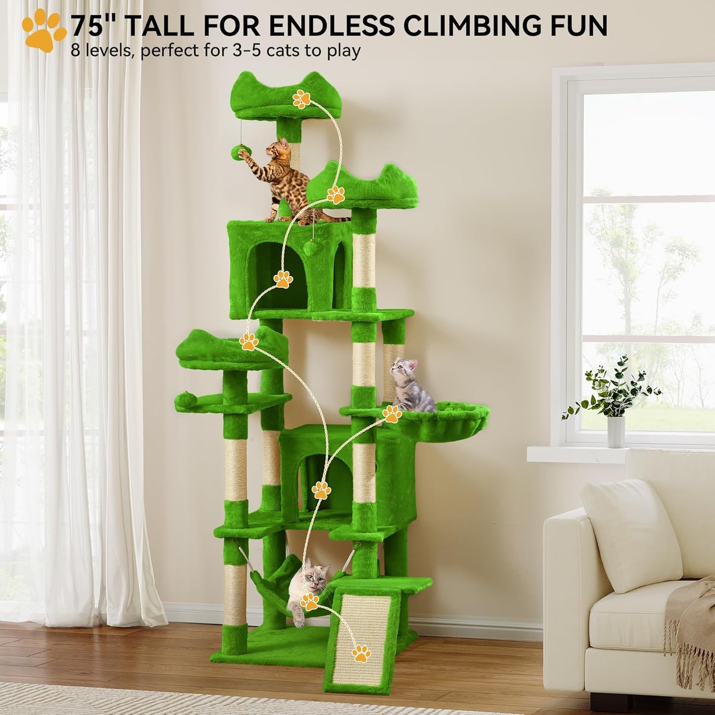 54in Cat Tree Tower Condo, Multi-Level with Sisal Scratching Post, Cat Condos, Plush Top Perches, Hammock, Space Saving Cat Condo, Dangling Ball, Pet Play House,Pet Gift, Green