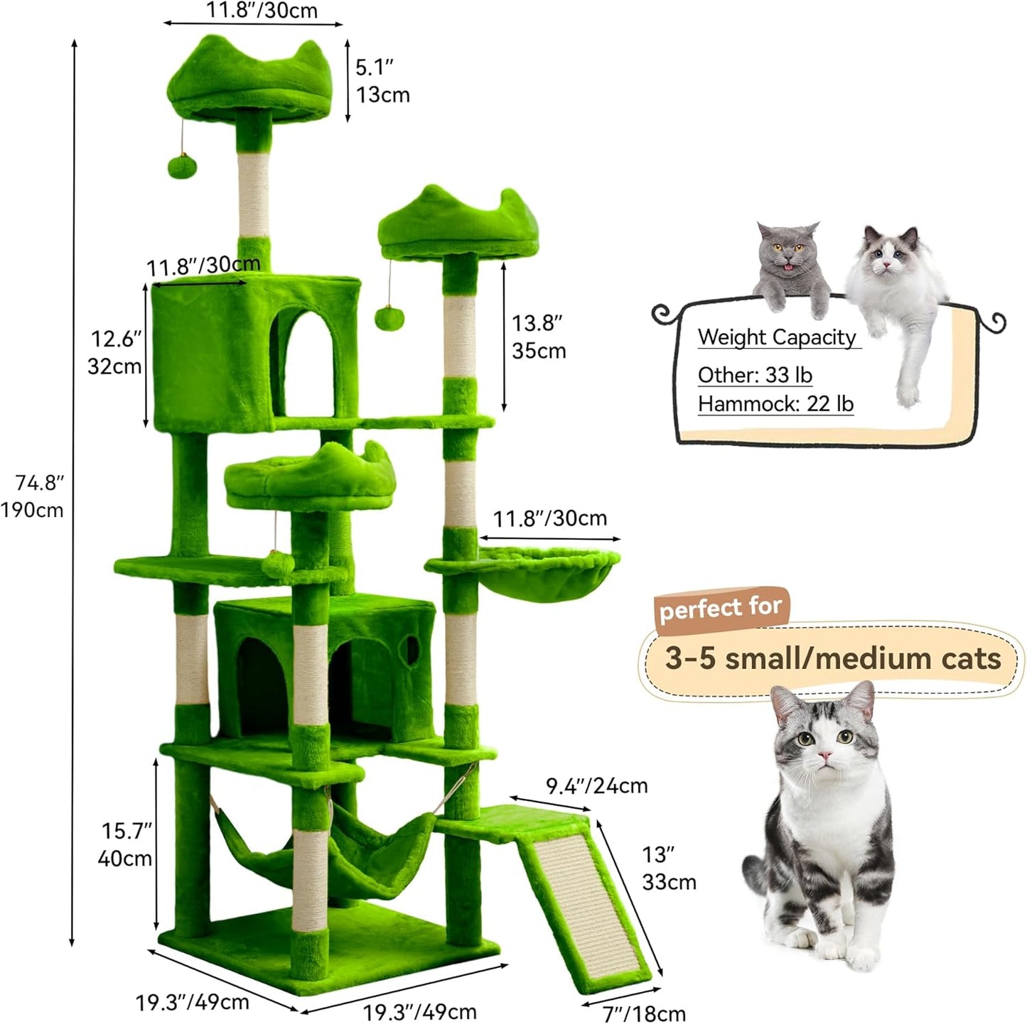 54in Cat Tree Tower Condo, Multi-Level with Sisal Scratching Post, Cat Condos, Plush Top Perches, Hammock, Space Saving Cat Condo, Dangling Ball, Pet Play House,Pet Gift, Green
