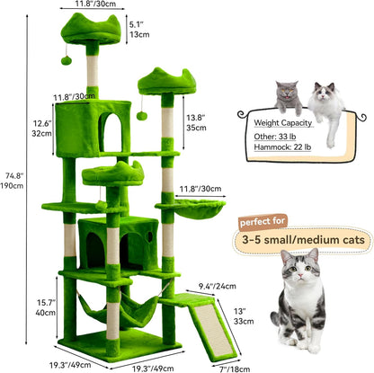 54in Cat Tree Tower Condo, Multi-Level with Sisal Scratching Post, Cat Condos, Plush Top Perches, Hammock, Space Saving Cat Condo, Dangling Ball, Pet Play House,Pet Gift, Green
