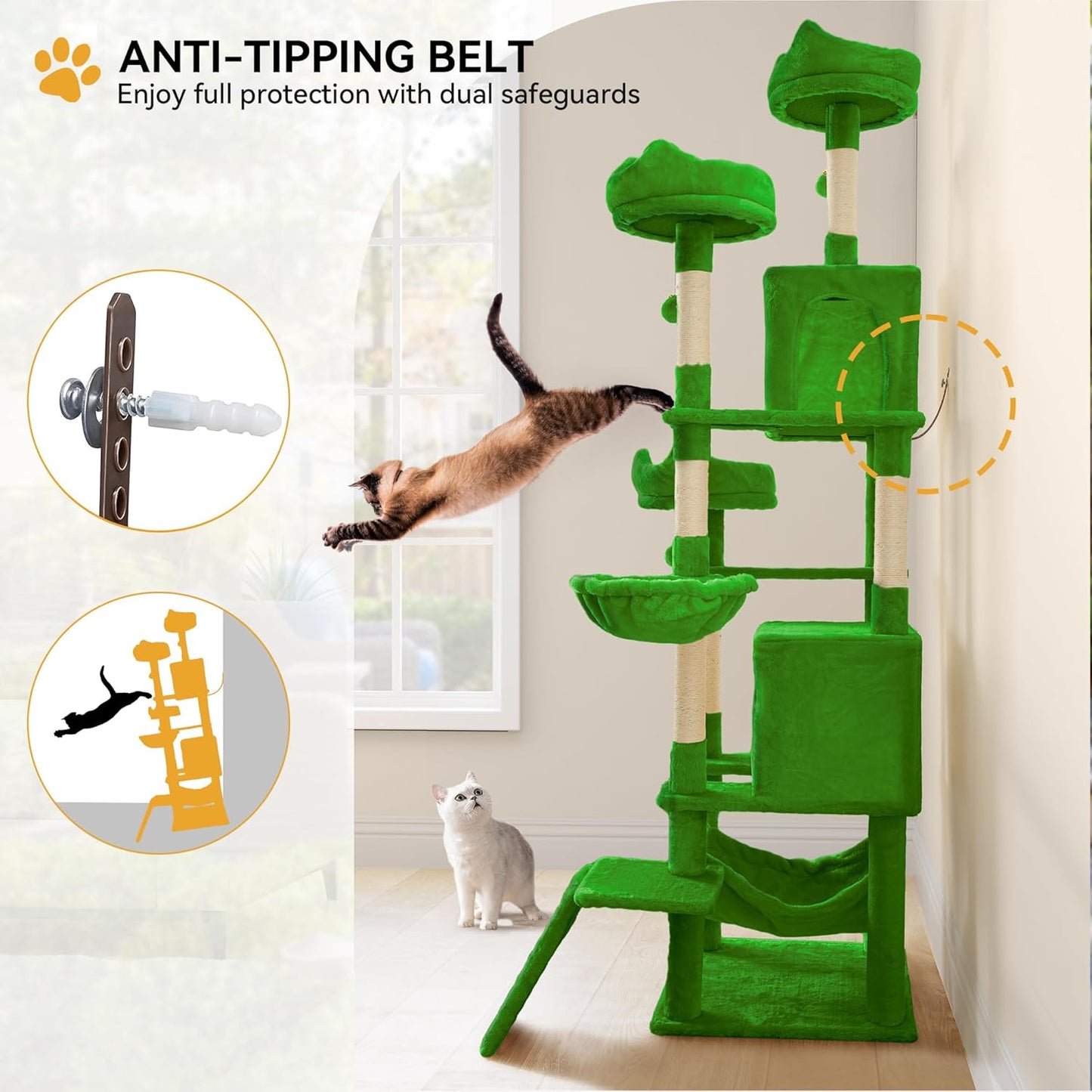 54in Cat Tree Tower Condo, Multi-Level with Sisal Scratching Post, Cat Condos, Plush Top Perches, Hammock, Space Saving Cat Condo, Dangling Ball, Pet Play House,Pet Gift, Green