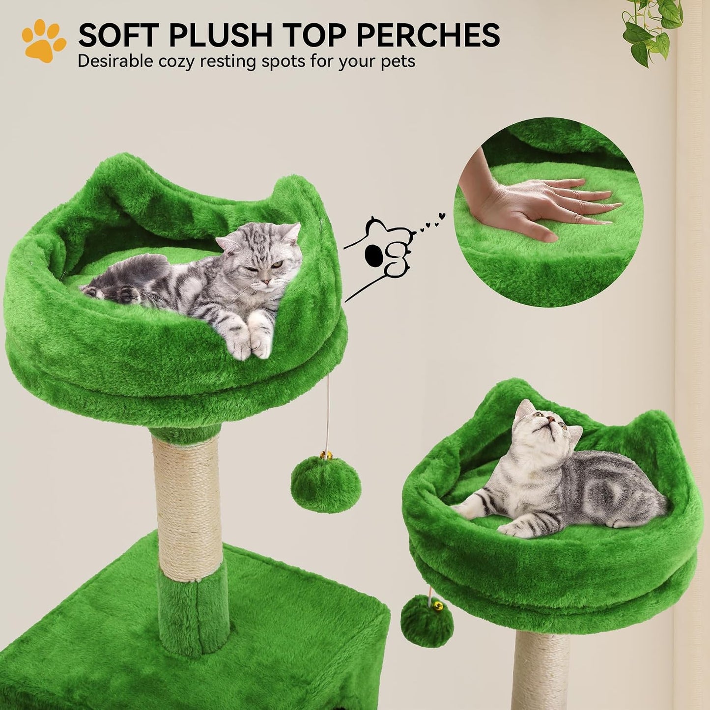 54in Cat Tree Tower Condo, Multi-Level with Sisal Scratching Post, Cat Condos, Plush Top Perches, Hammock, Space Saving Cat Condo, Dangling Ball, Pet Play House,Pet Gift, Green