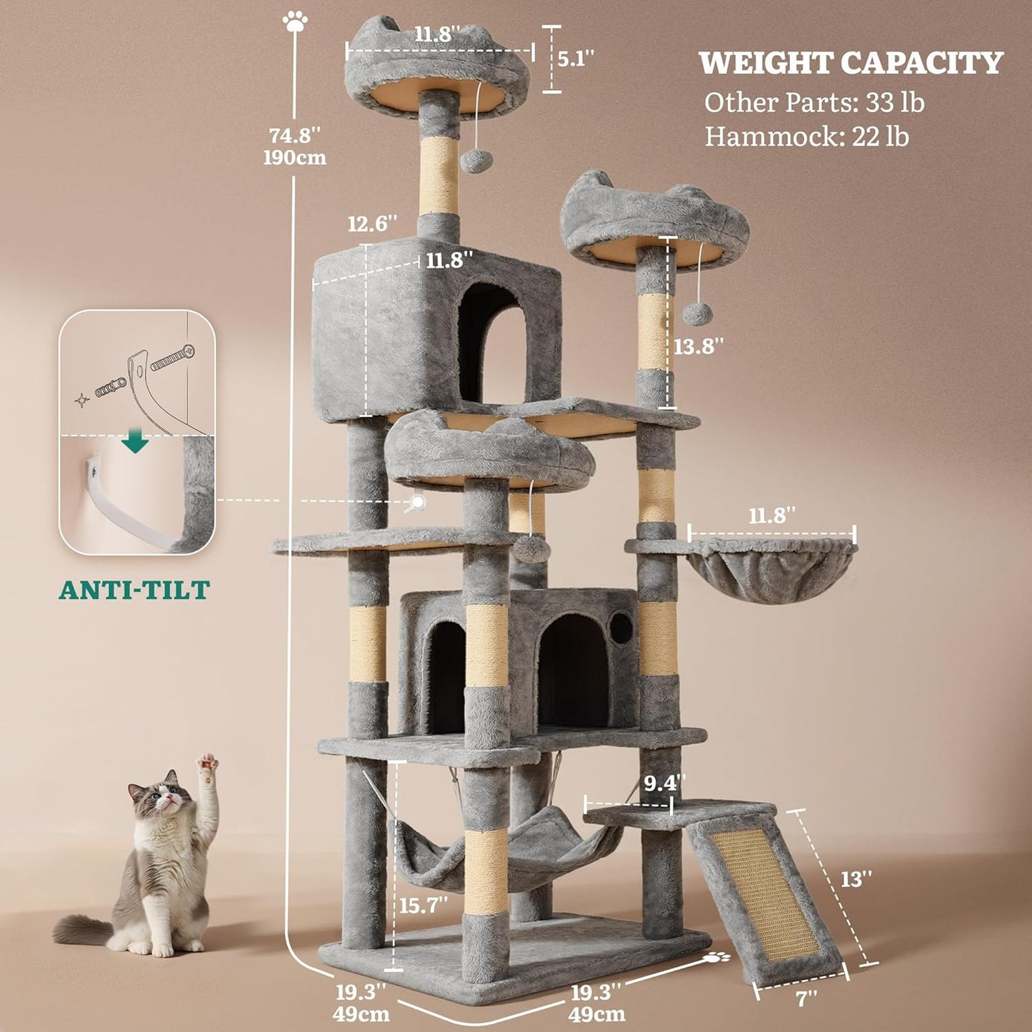 54in Cat Tree Tower Condo, Multi-Level with Sisal Scratching Post, Cat Condos, Plush Top Perches, Hammock, Space Saving Cat Condo, Dangling Ball, Pet Play House,Pet Gift, Green