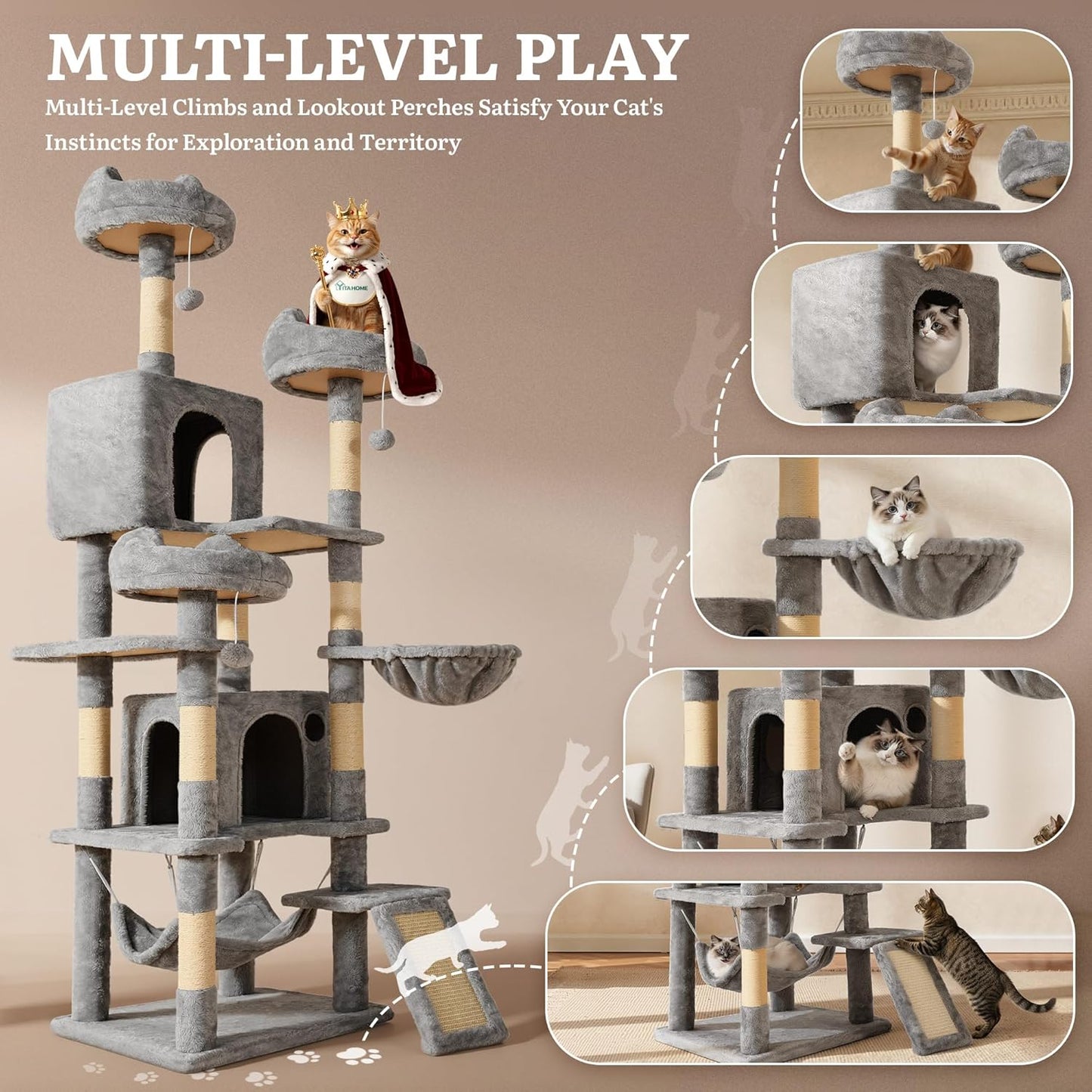 54in Cat Tree Tower Condo, Multi-Level with Sisal Scratching Post, Cat Condos, Plush Top Perches, Hammock, Space Saving Cat Condo, Dangling Ball, Pet Play House,Pet Gift, Green