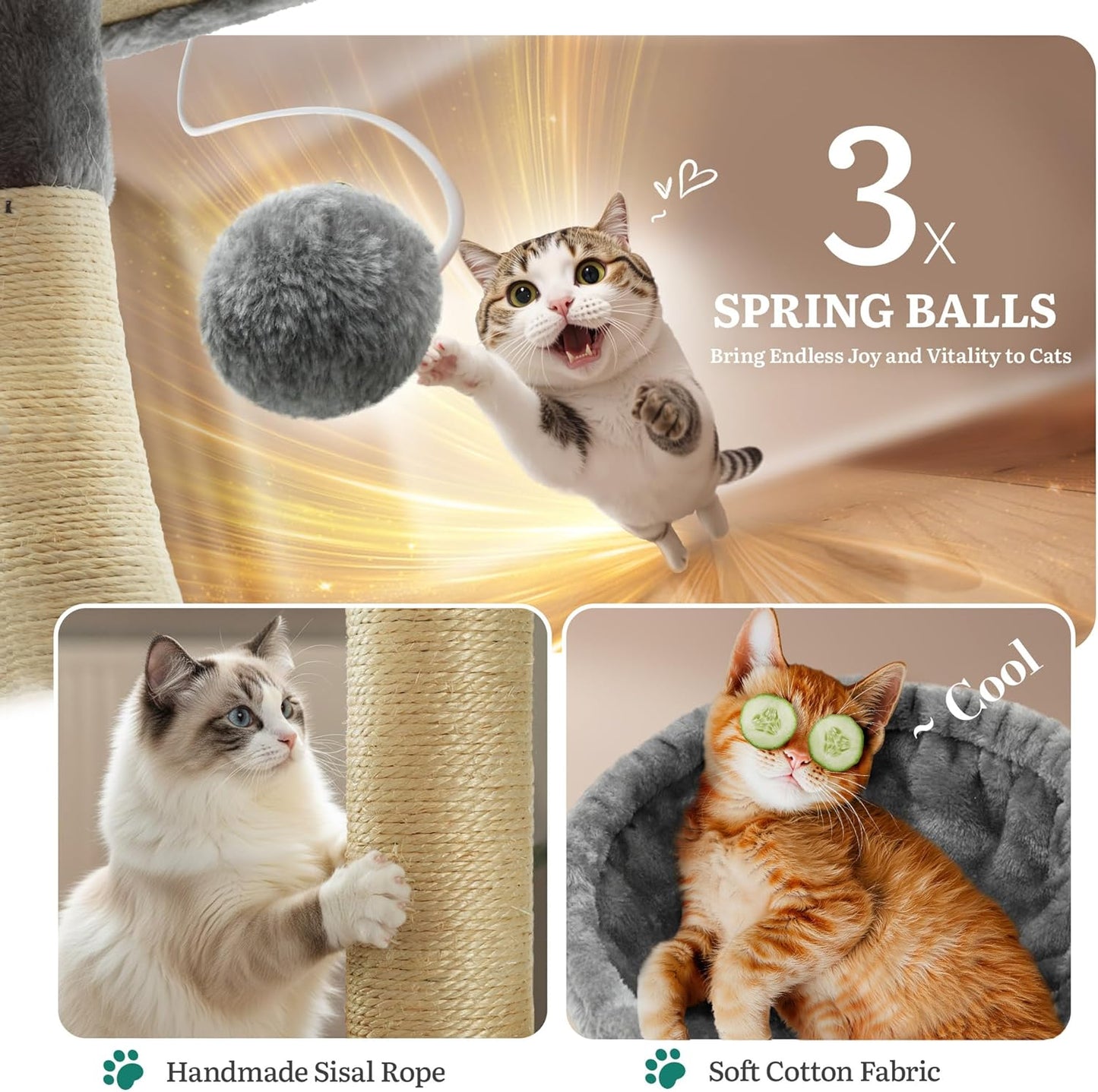 54in Cat Tree Tower Condo, Multi-Level with Sisal Scratching Post, Cat Condos, Plush Top Perches, Hammock, Space Saving Cat Condo, Dangling Ball, Pet Play House,Pet Gift, Green