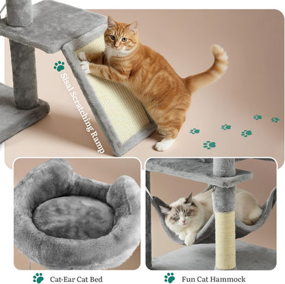 54in Cat Tree Tower Condo, Multi-Level with Sisal Scratching Post, Cat Condos, Plush Top Perches, Hammock, Space Saving Cat Condo, Dangling Ball, Pet Play House,Pet Gift, Green