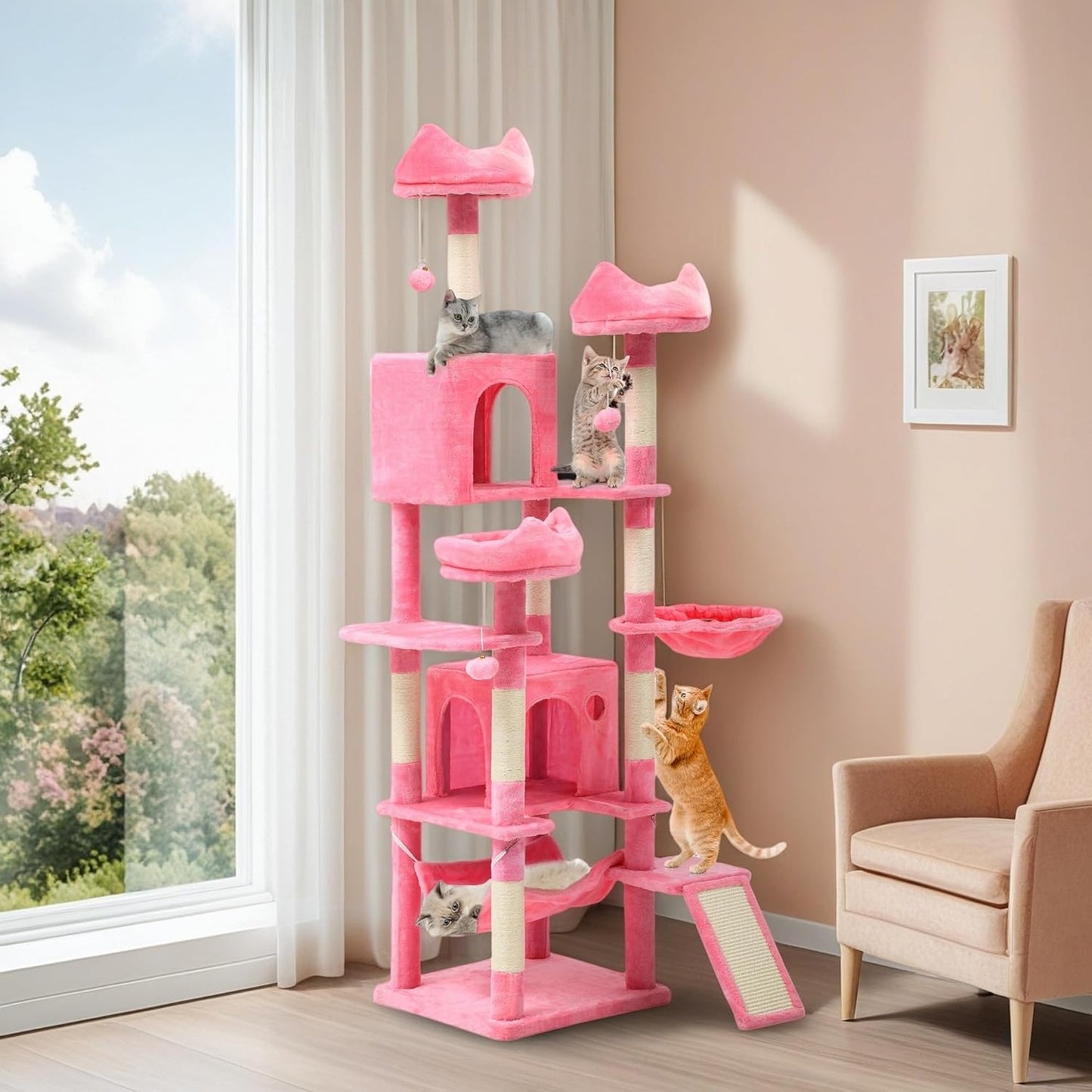 54in Cat Tree Tower Condo, Multi-Level with Sisal Scratching Post, Cat Condos, Plush Top Perches, Hammock, Space Saving Cat Condo, Dangling Ball, Pet Play House,Pet Gift, Green