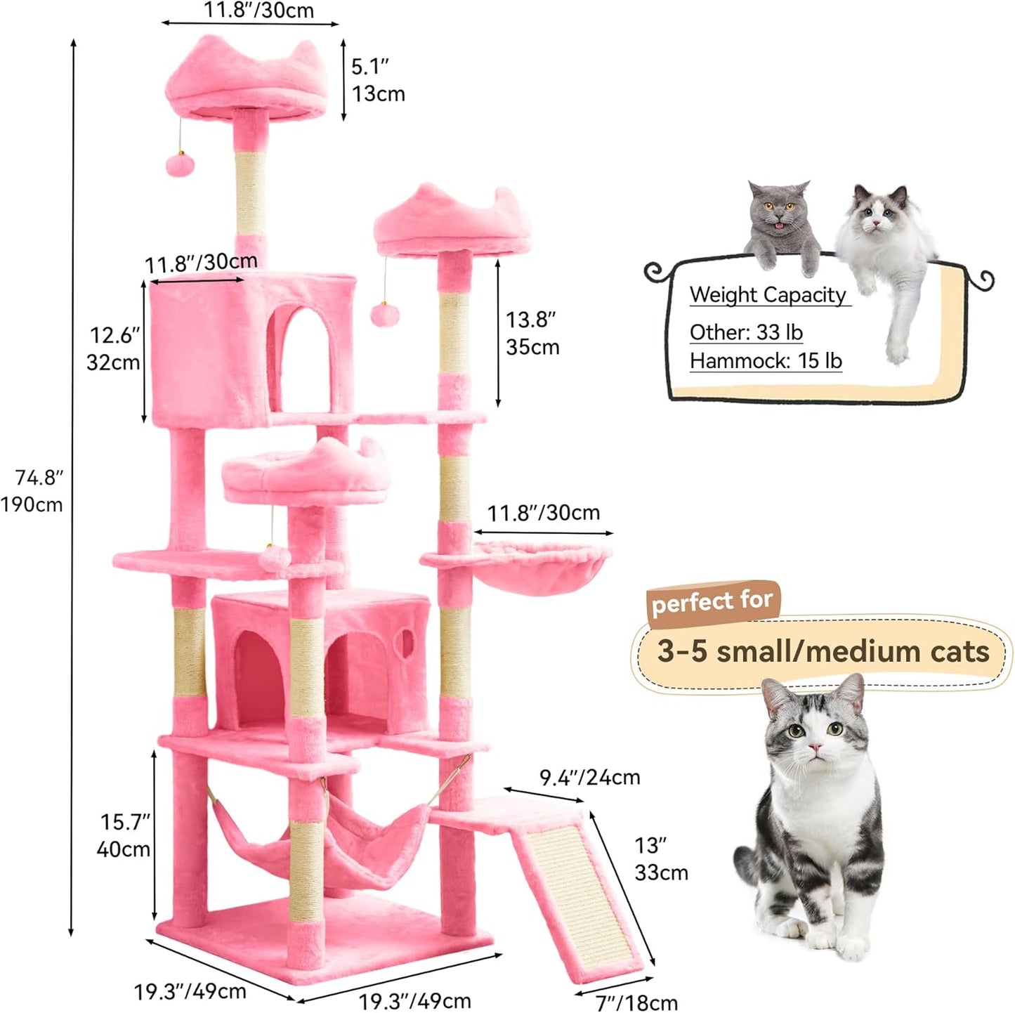 54in Cat Tree Tower Condo, Multi-Level with Sisal Scratching Post, Cat Condos, Plush Top Perches, Hammock, Space Saving Cat Condo, Dangling Ball, Pet Play House,Pet Gift, Green