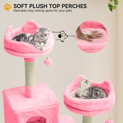 54in Cat Tree Tower Condo, Multi-Level with Sisal Scratching Post, Cat Condos, Plush Top Perches, Hammock, Space Saving Cat Condo, Dangling Ball, Pet Play House,Pet Gift, Green