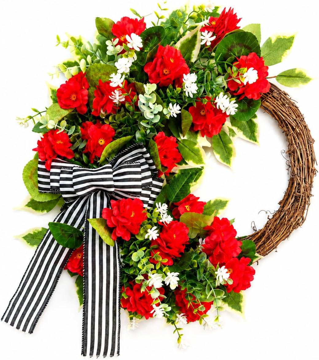 Red Geranium Wreath with Baby's Breath - Farmhouse Front Door Wreath, All Seasons Greenery Wreath for Porch, Window, Wall, Indoor/Outdoor Rustic Home Decor