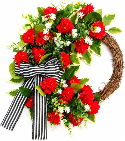 Red Geranium Wreath with Baby's Breath - Farmhouse Front Door Wreath, All Seasons Greenery Wreath for Porch, Window, Wall, Indoor/Outdoor Rustic Home Decor