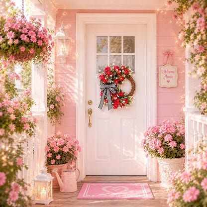Red Geranium Wreath with Baby's Breath - Farmhouse Front Door Wreath, All Seasons Greenery Wreath for Porch, Window, Wall, Indoor/Outdoor Rustic Home Decor