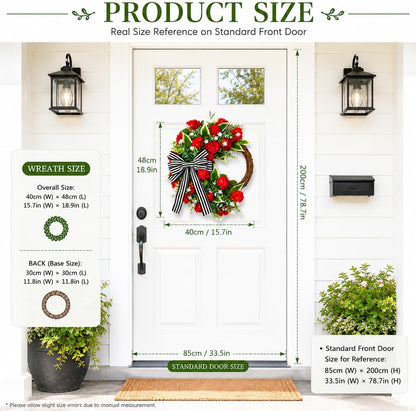 Red Geranium Wreath with Baby's Breath - Farmhouse Front Door Wreath, All Seasons Greenery Wreath for Porch, Window, Wall, Indoor/Outdoor Rustic Home Decor