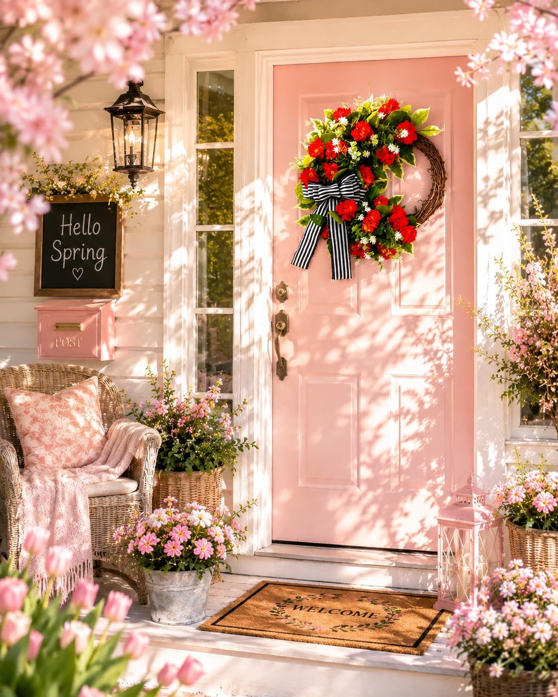 Red Geranium Wreath with Baby's Breath - Farmhouse Front Door Wreath, All Seasons Greenery Wreath for Porch, Window, Wall, Indoor/Outdoor Rustic Home Decor