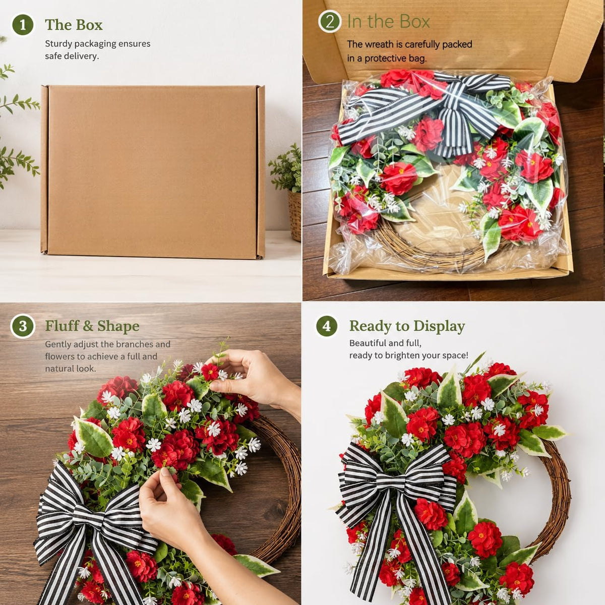 Red Geranium Wreath with Baby's Breath - Farmhouse Front Door Wreath, All Seasons Greenery Wreath for Porch, Window, Wall, Indoor/Outdoor Rustic Home Decor