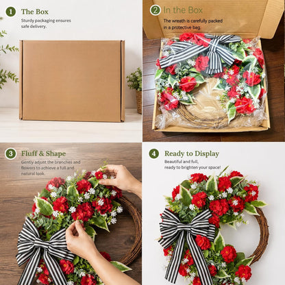 Red Geranium Wreath with Baby's Breath - Farmhouse Front Door Wreath, All Seasons Greenery Wreath for Porch, Window, Wall, Indoor/Outdoor Rustic Home Decor