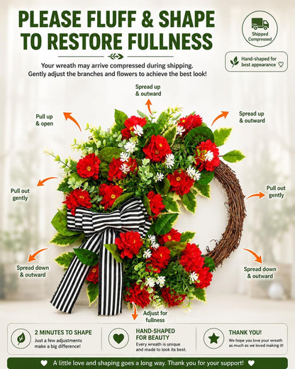 Red Geranium Wreath with Baby's Breath - Farmhouse Front Door Wreath, All Seasons Greenery Wreath for Porch, Window, Wall, Indoor/Outdoor Rustic Home Decor