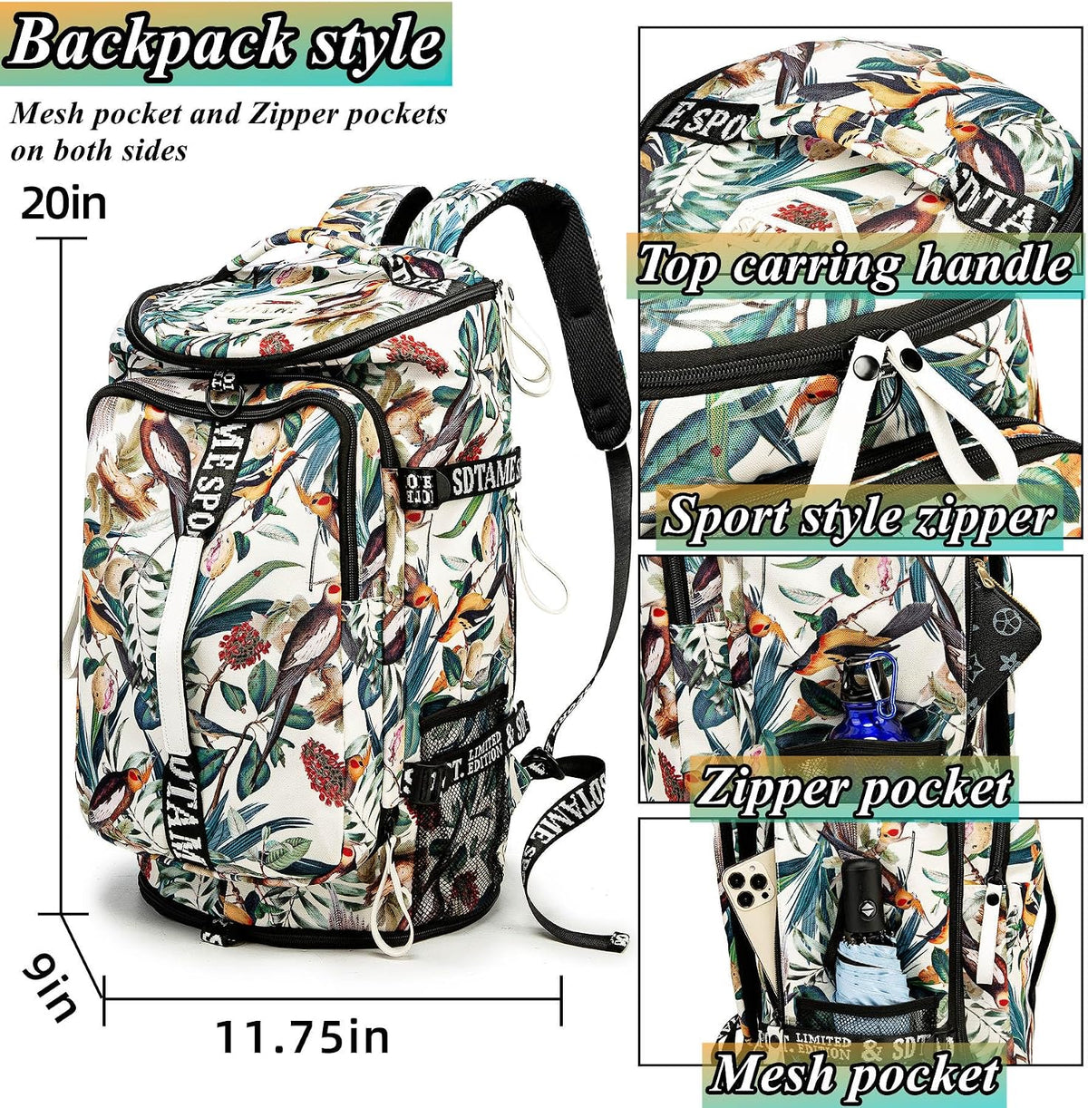Gym Duffle Bag Backpack,4‑Way Waterproof with Shoe Compartment Travel Laptop