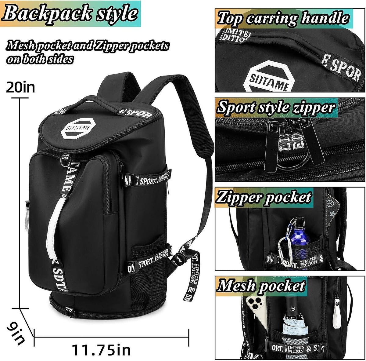 Gym Duffle Bag Backpack,4‑Way Waterproof with Shoe Compartment Travel Laptop