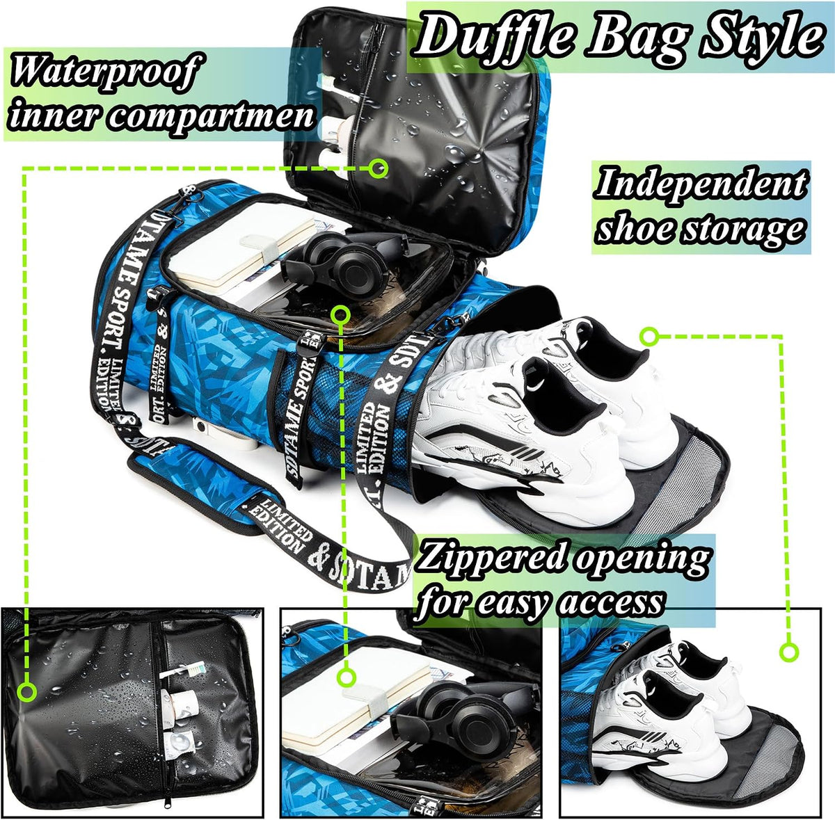 Gym Duffle Bag Backpack,4‑Way Waterproof with Shoe Compartment Travel Laptop