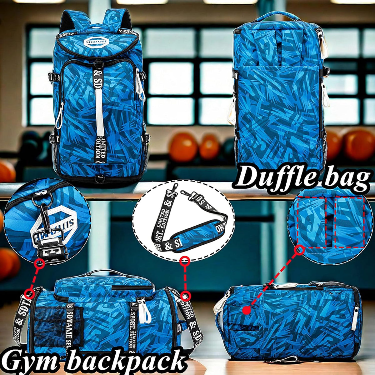 Gym Duffle Bag Backpack,4‑Way Waterproof with Shoe Compartment Travel Laptop