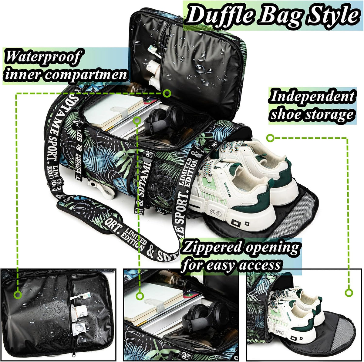 Gym Duffle Bag Backpack,4‑Way Waterproof with Shoe Compartment Travel Laptop