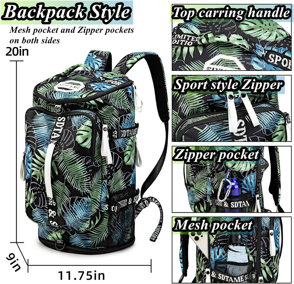 Gym Duffle Bag Backpack,4‑Way Waterproof with Shoe Compartment Travel Laptop