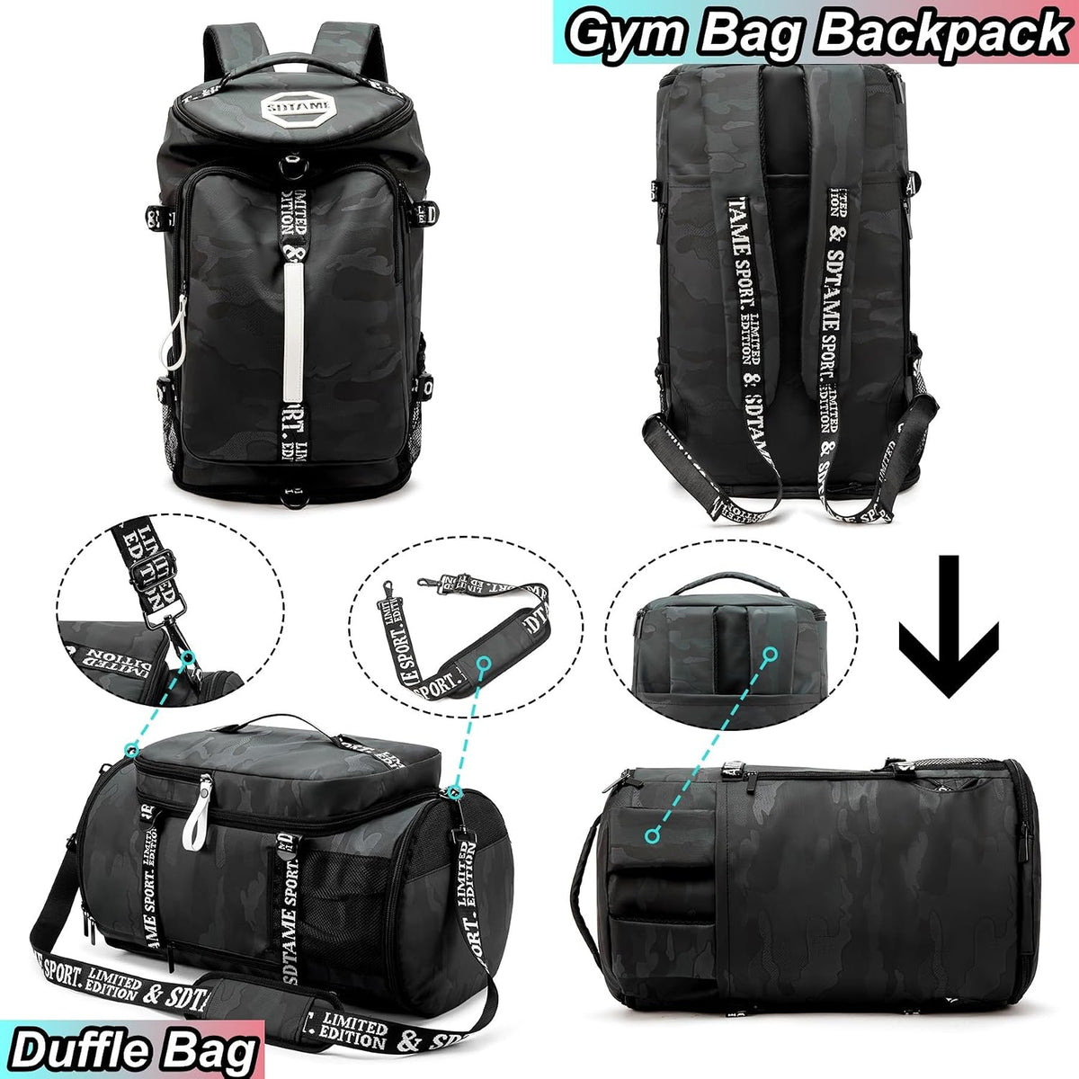 Gym Duffle Bag Backpack,4‑Way Waterproof with Shoe Compartment Travel Laptop