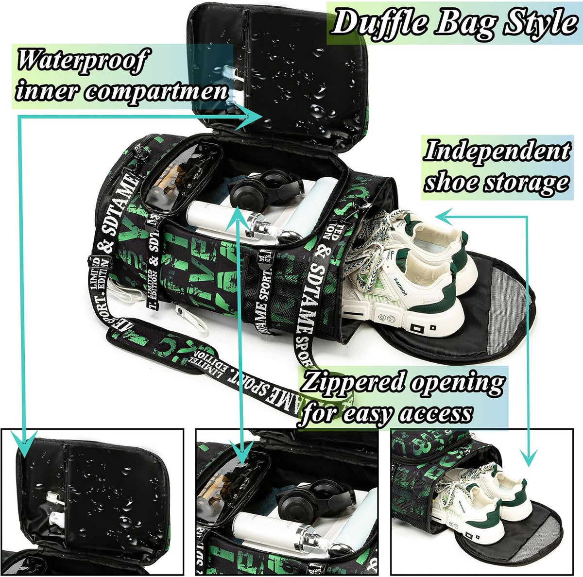 Gym Duffle Bag Backpack,4‑Way Waterproof with Shoe Compartment Travel Laptop