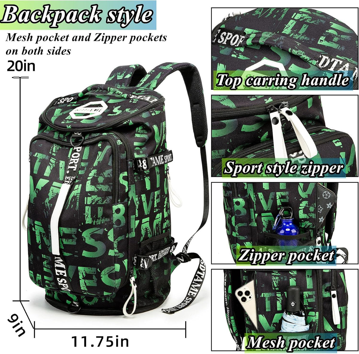 Gym Duffle Bag Backpack,4‑Way Waterproof with Shoe Compartment Travel Laptop
