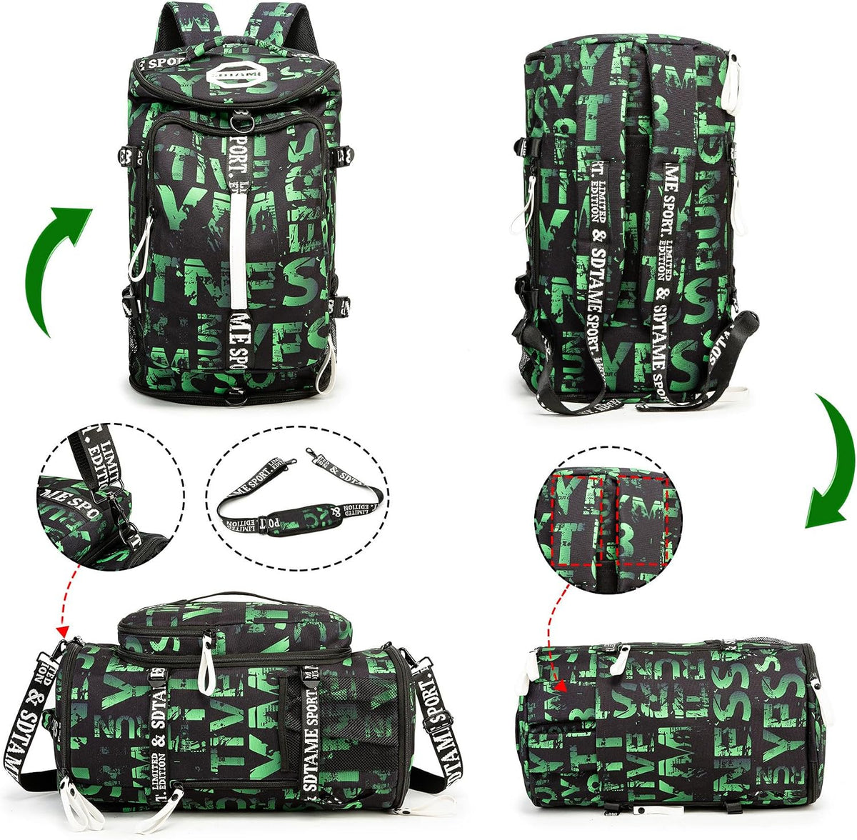 Gym Duffle Bag Backpack,4‑Way Waterproof with Shoe Compartment Travel Laptop