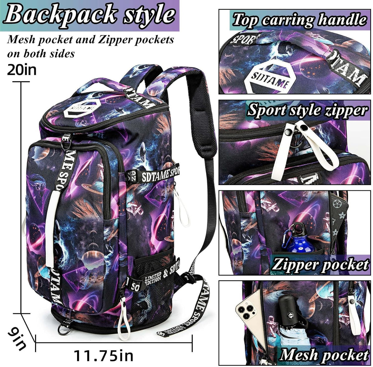 Gym Duffle Bag Backpack,4‑Way Waterproof with Shoe Compartment Travel Laptop