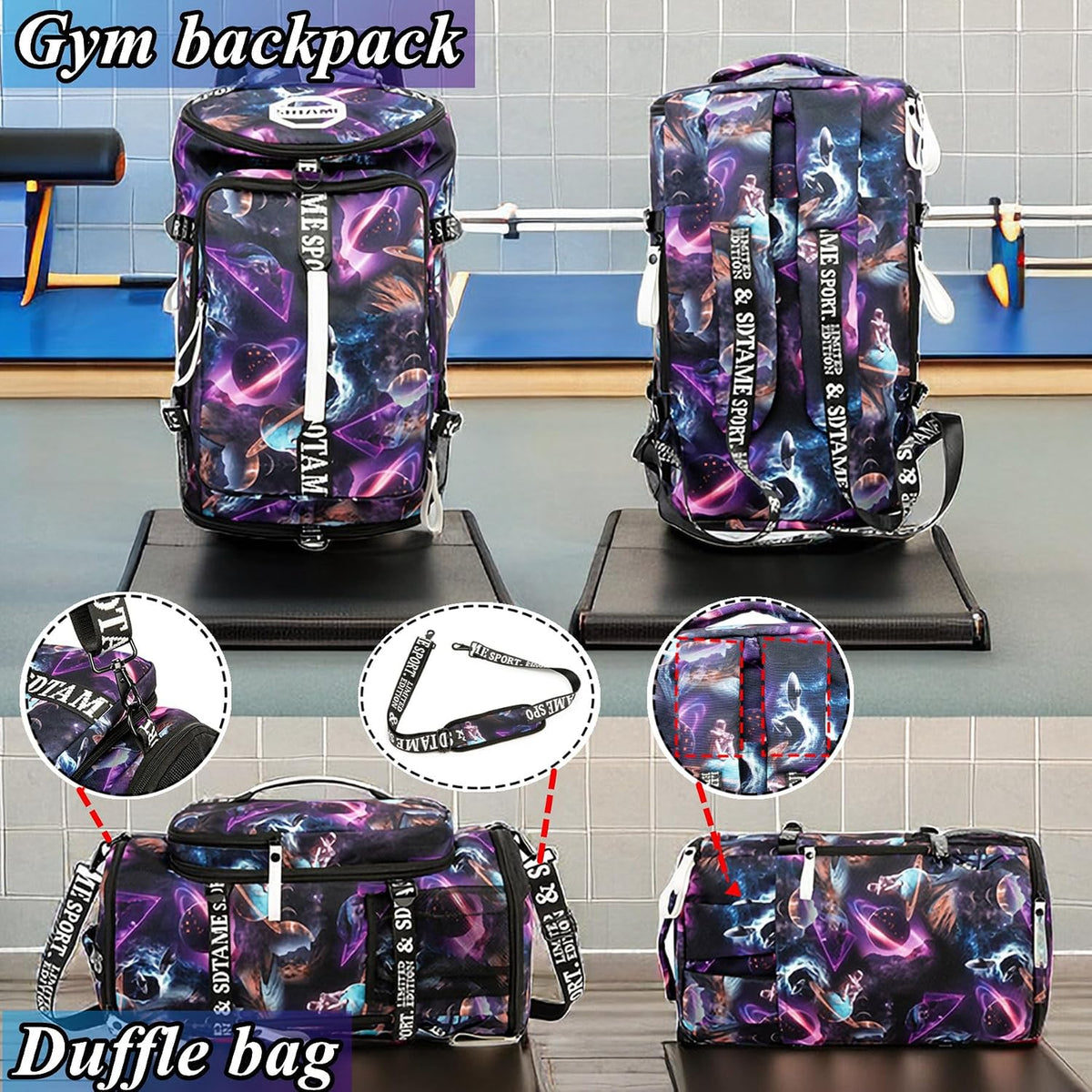 Gym Duffle Bag Backpack,4‑Way Waterproof with Shoe Compartment Travel Laptop