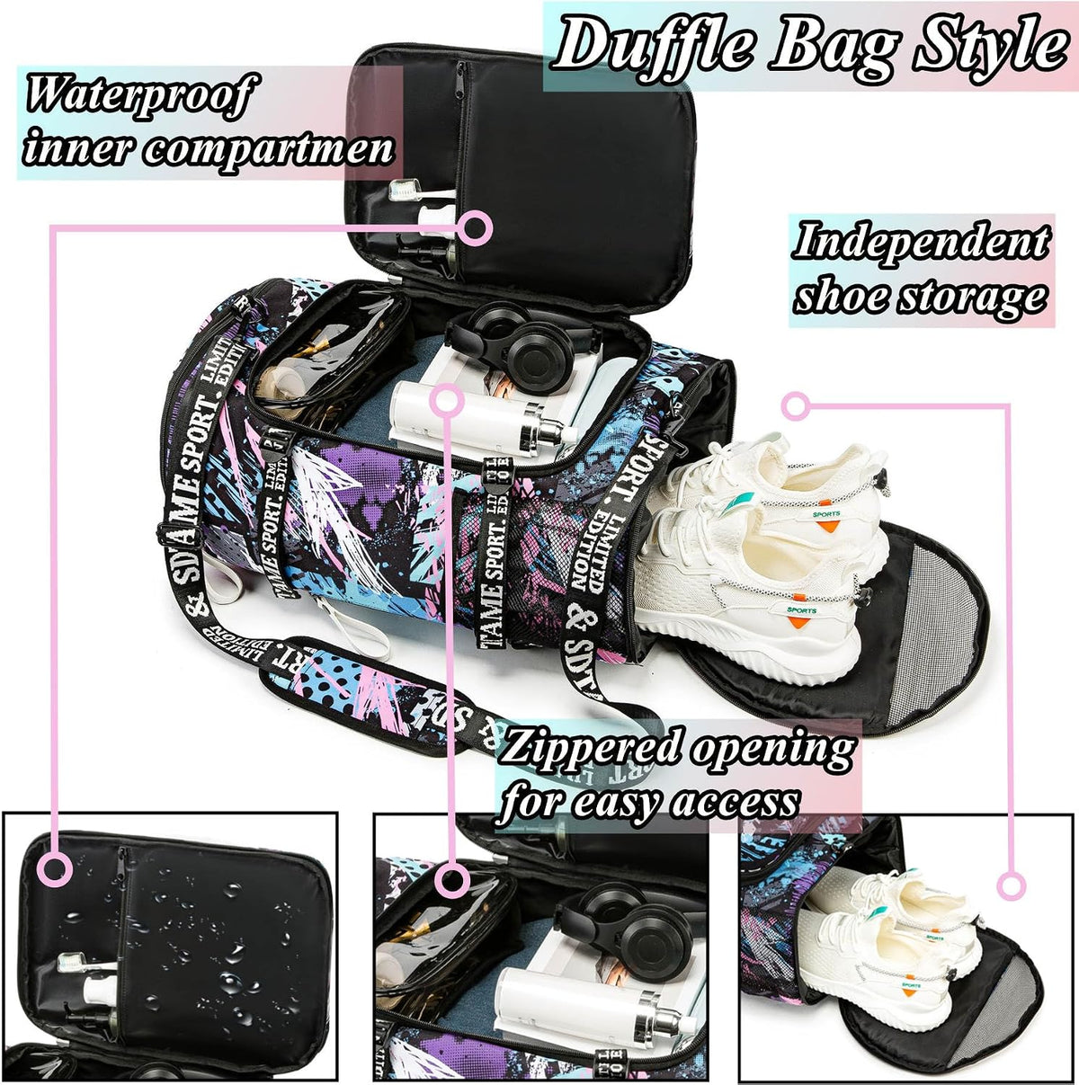 Gym Duffle Bag Backpack,4‑Way Waterproof with Shoe Compartment Travel Laptop