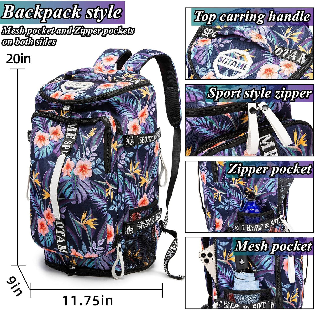 Gym Duffle Bag Backpack,4‑Way Waterproof with Shoe Compartment Travel Laptop