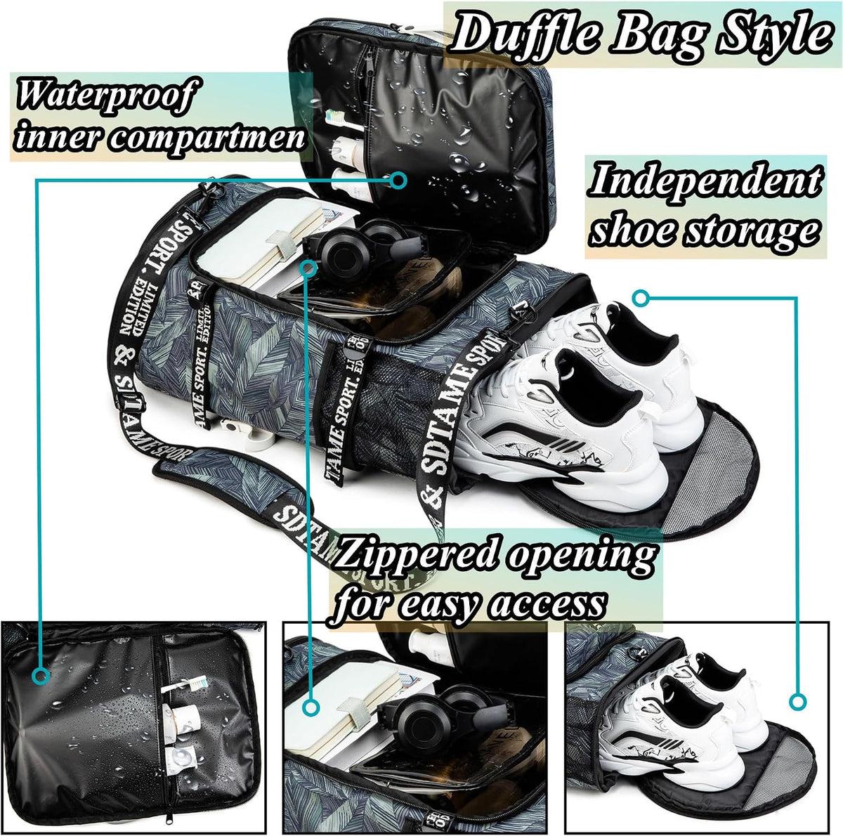 Gym Duffle Bag Backpack,4‑Way Waterproof with Shoe Compartment Travel Laptop