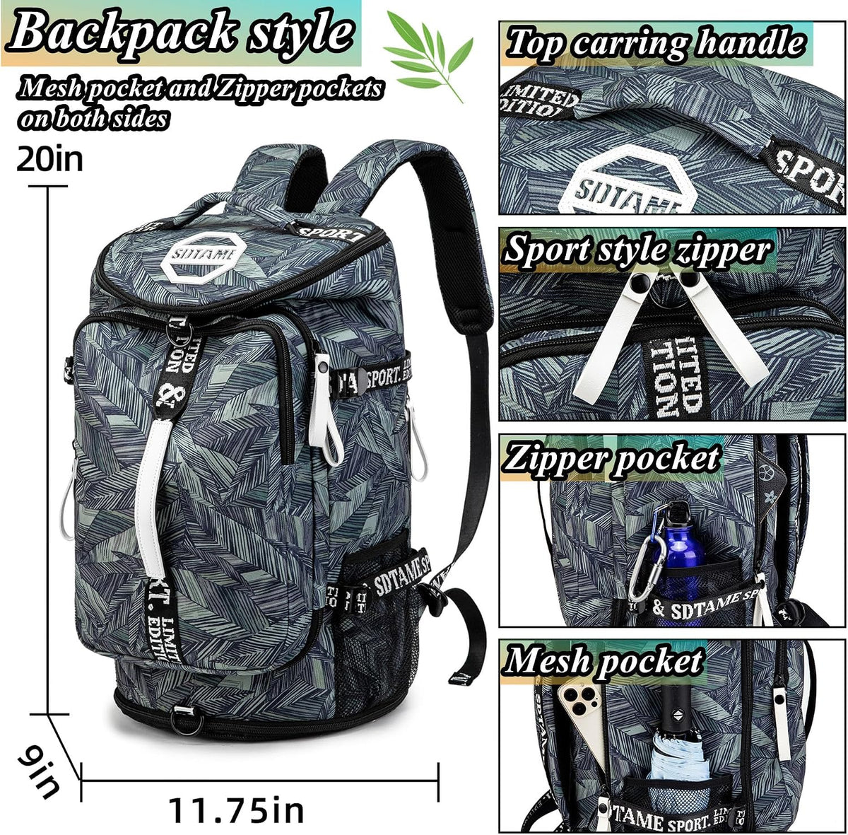 Gym Duffle Bag Backpack,4‑Way Waterproof with Shoe Compartment Travel Laptop