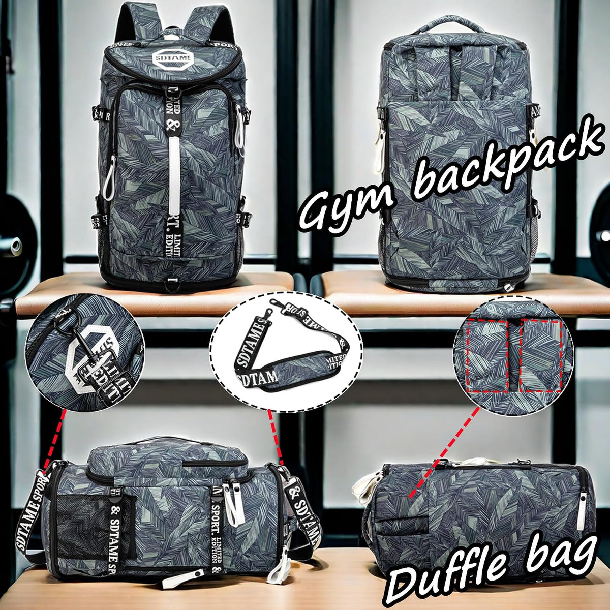 Gym Duffle Bag Backpack,4‑Way Waterproof with Shoe Compartment Travel Laptop