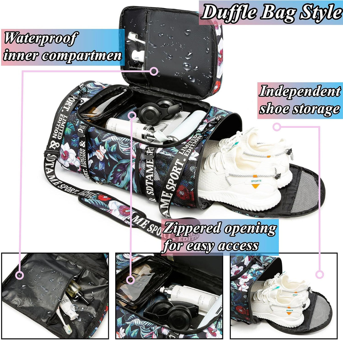 Gym Duffle Bag Backpack,4‑Way Waterproof with Shoe Compartment Travel Laptop