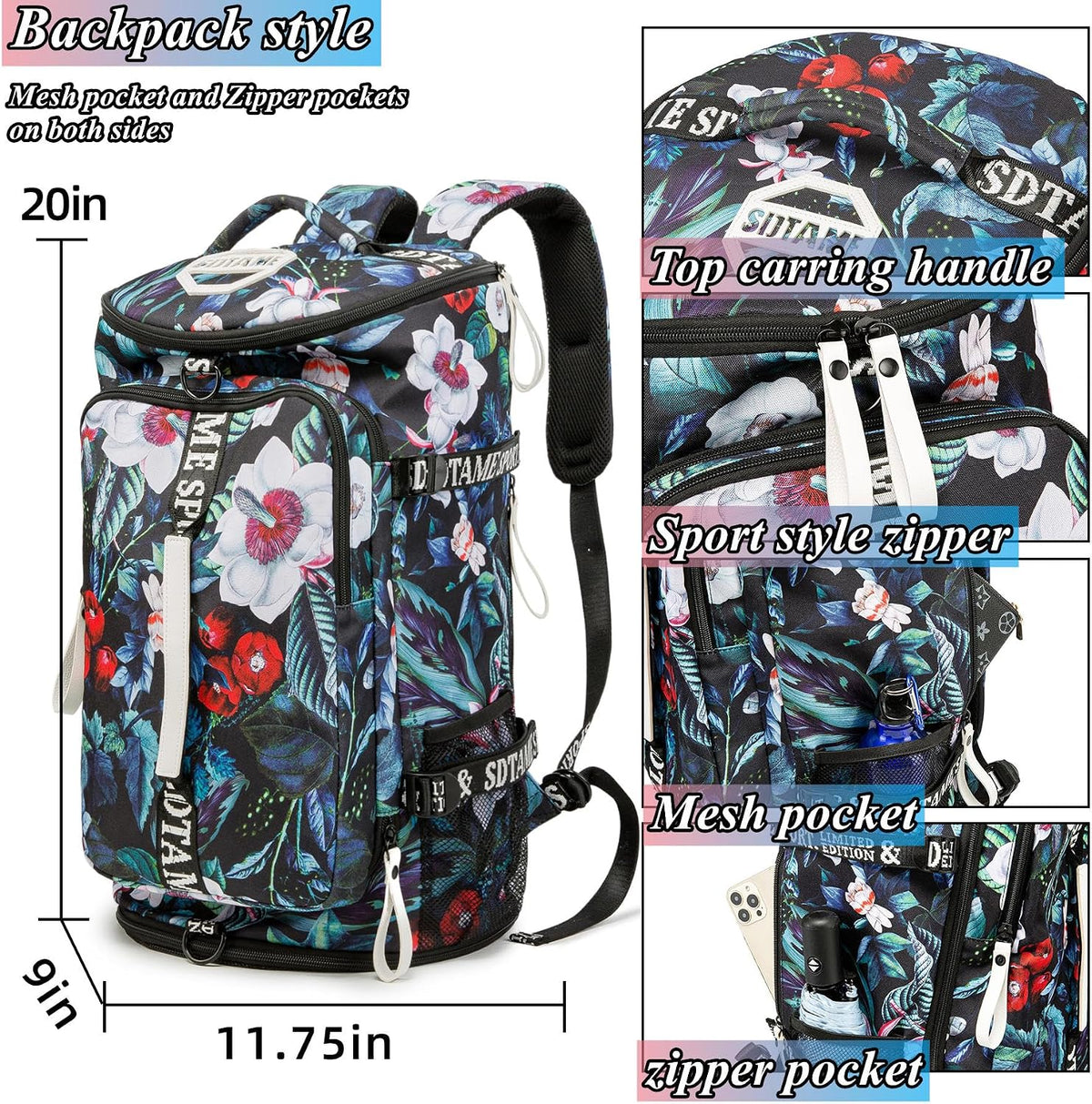 Gym Duffle Bag Backpack,4‑Way Waterproof with Shoe Compartment Travel Laptop