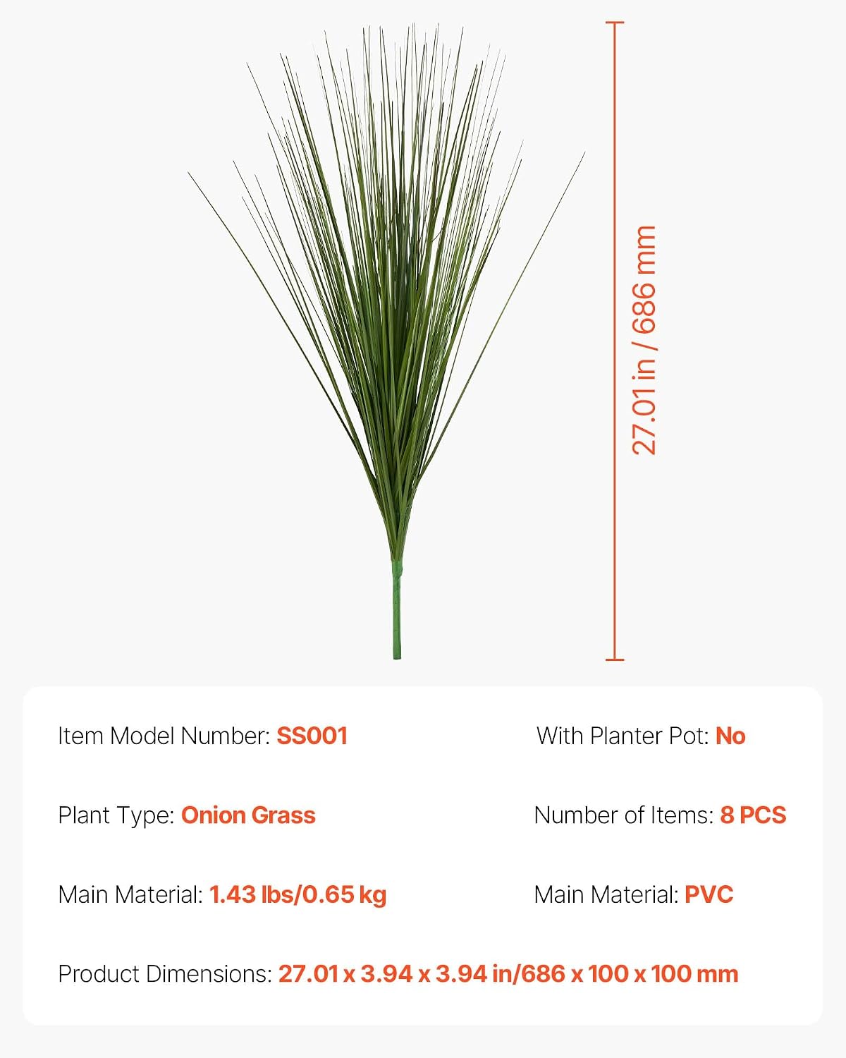 Artificial Grass Plant, 27 inch Faux Onion Grass Fake Greenery Shrubs Plant, Premium PVC for Indoor Outdoor House Home Garden Office Room Décor, Housewarming, 8 Pack Green