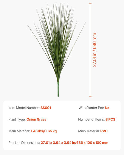 Artificial Grass Plant, 27 inch Faux Onion Grass Fake Greenery Shrubs Plant, Premium PVC for Indoor Outdoor House Home Garden Office Room Décor, Housewarming, 8 Pack Green
