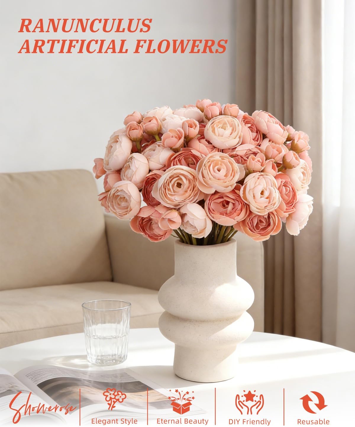 24 Pcs Ranunculus Artificial Flower Faux Silk Mini Ranunculus Flowers Fake Flowers for DIY Bouquet,Centerpieces Tables, Wedding Decor, Bridal Shower Decorations,Home Decor