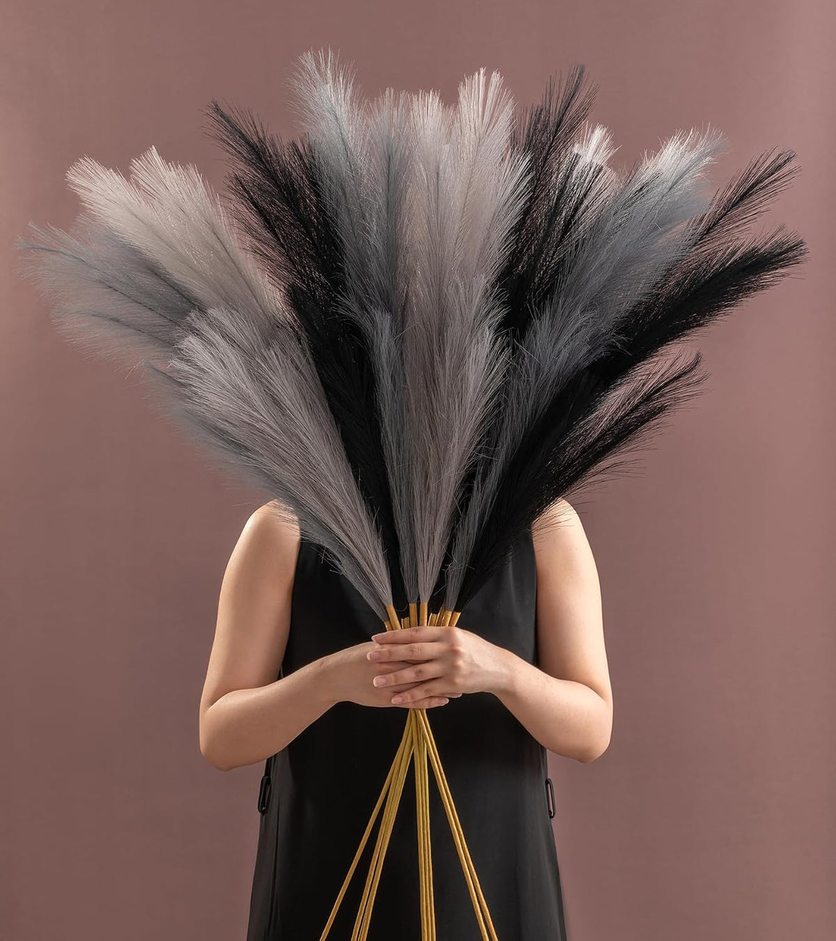 45" Faux Dried Pampas Grass Tall Decor, Fluffy Fake Long Pompas Artificial Black Grey Gray Pompous Stems Bouquet Flower Arrangement Vase Filler for Boho Home Wedding Decoration