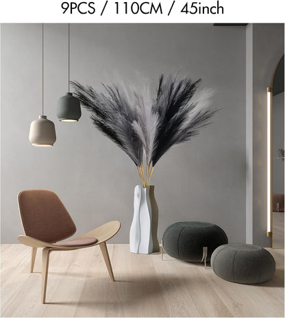 45" Faux Dried Pampas Grass Tall Decor, Fluffy Fake Long Pompas Artificial Black Grey Gray Pompous Stems Bouquet Flower Arrangement Vase Filler for Boho Home Wedding Decoration