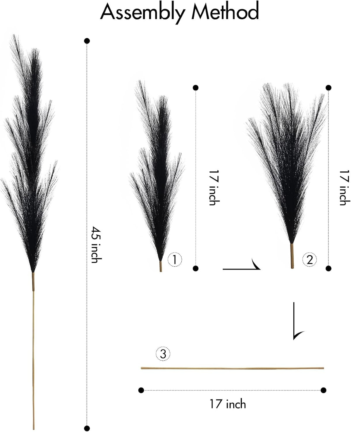 45" Faux Dried Pampas Grass Tall Decor, Fluffy Fake Long Pompas Artificial Black Grey Gray Pompous Stems Bouquet Flower Arrangement Vase Filler for Boho Home Wedding Decoration